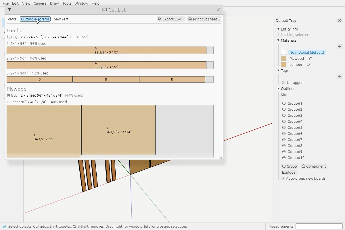 WoodSketch's Cut List window. Lumber parts are laid out on two 8-foot and one 12-foot 2x4, plywood parts on a 4 by 8 sheet, with a 'Buy' line listing the boards and sheets to get.
