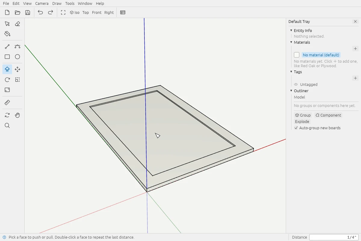 A rectangular board with an inset panel: the outline was offset inward and the center pushed down a quarter inch, with 1/4" showing in the Distance box.