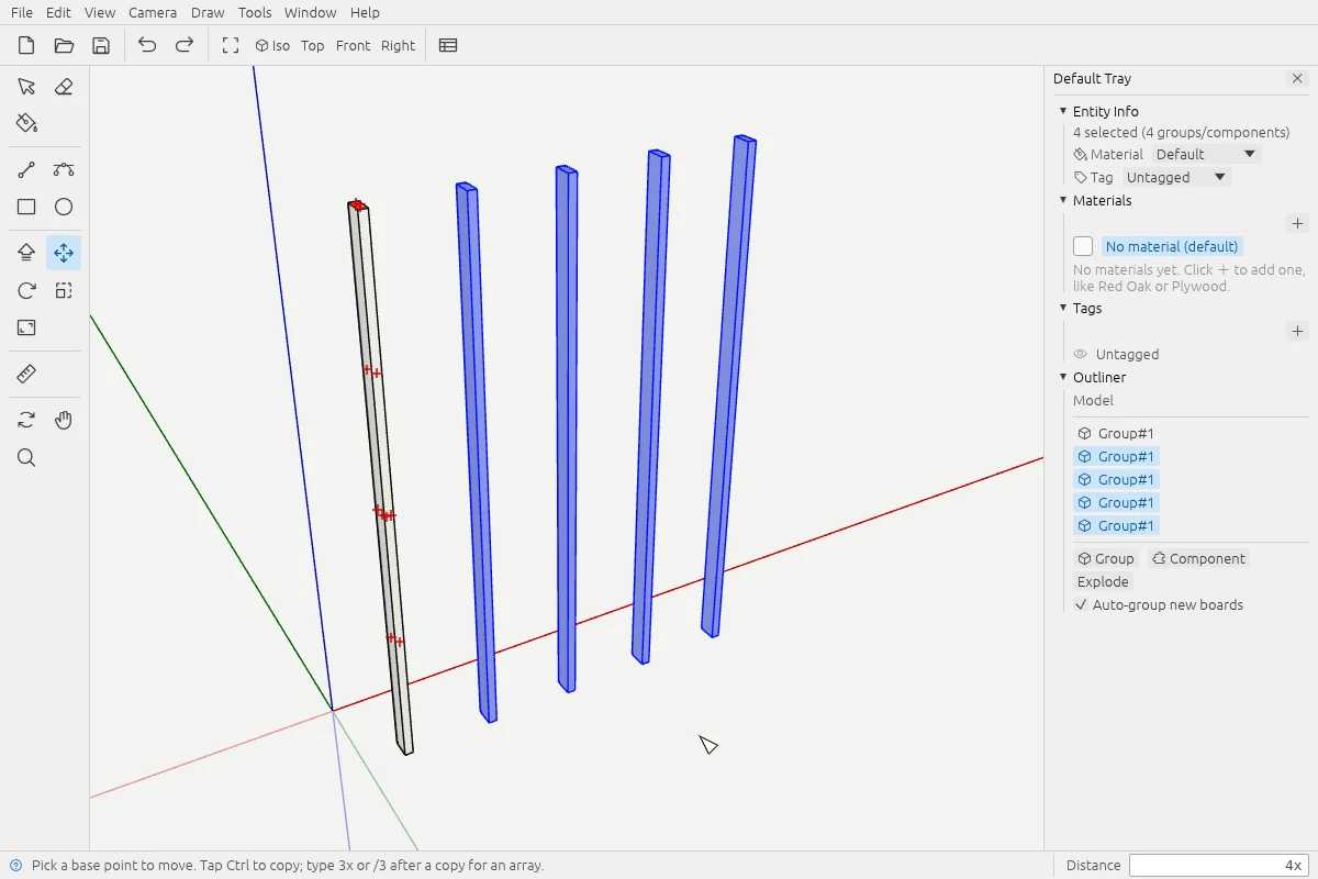 Five upright studs evenly spaced along the red axis. Four copies are selected after a Move copy with 4x typed in the Distance box.